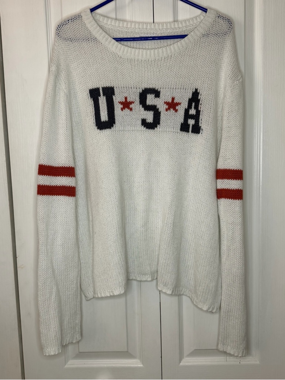Grayson Threads White USA Crewneck Sweater with Red Stripe Accents Summer